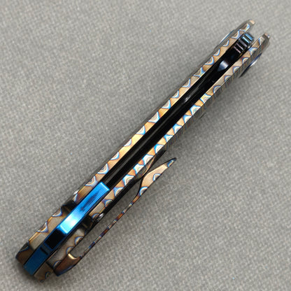 VORIXN "Chromaforge" (3.7" Damascus Blade) Hand-Flamed Titanium Handle Flipper & Thumb Stud Folding Knife - KB135