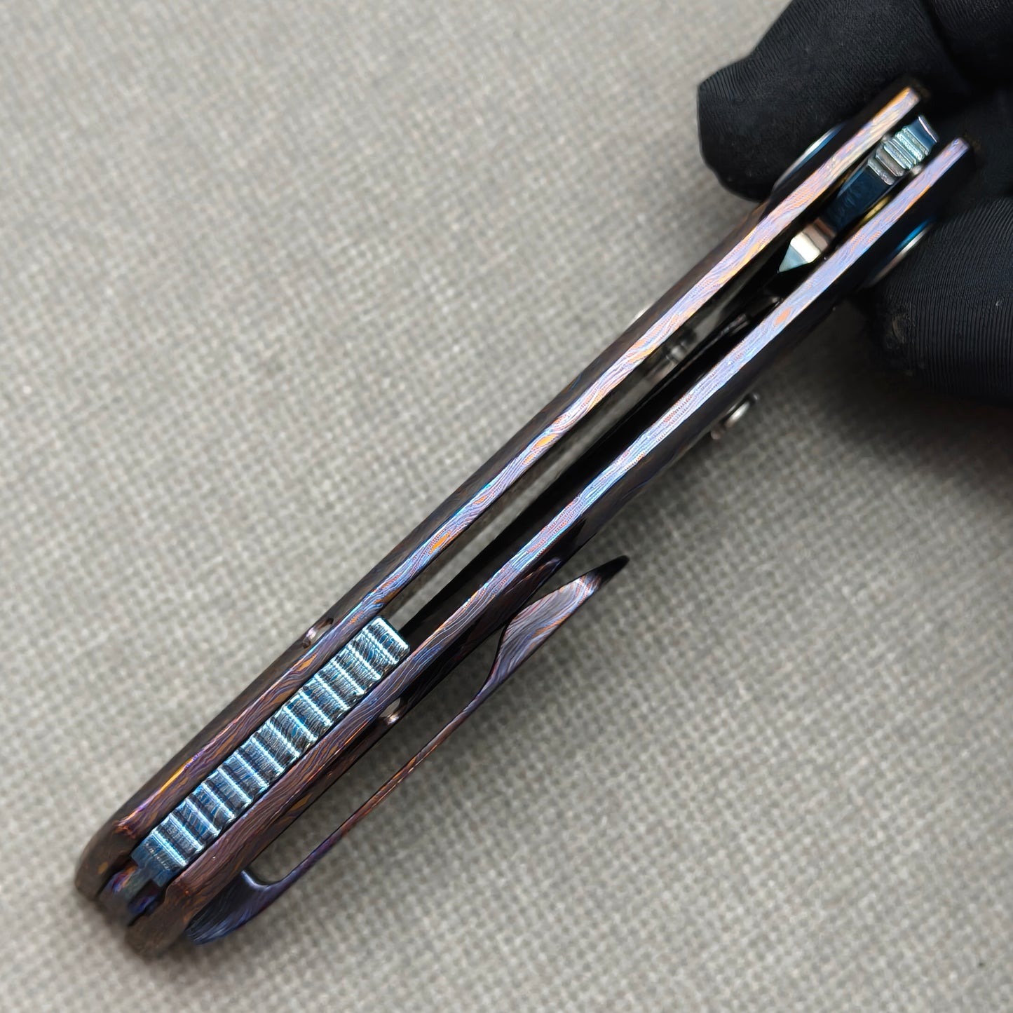 Vorixn "Aurora Bright" Flipper & Thumb Stud Knife Hand-Flamed Zirconium Handle (3.8" Feather Damascus Blade) KB110