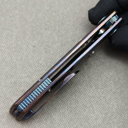Vorixn "Aurora Bright" Flipper & Thumb Stud Knife Hand-Flamed Zirconium Handle (3.8" Feather Damascus Blade) KB110