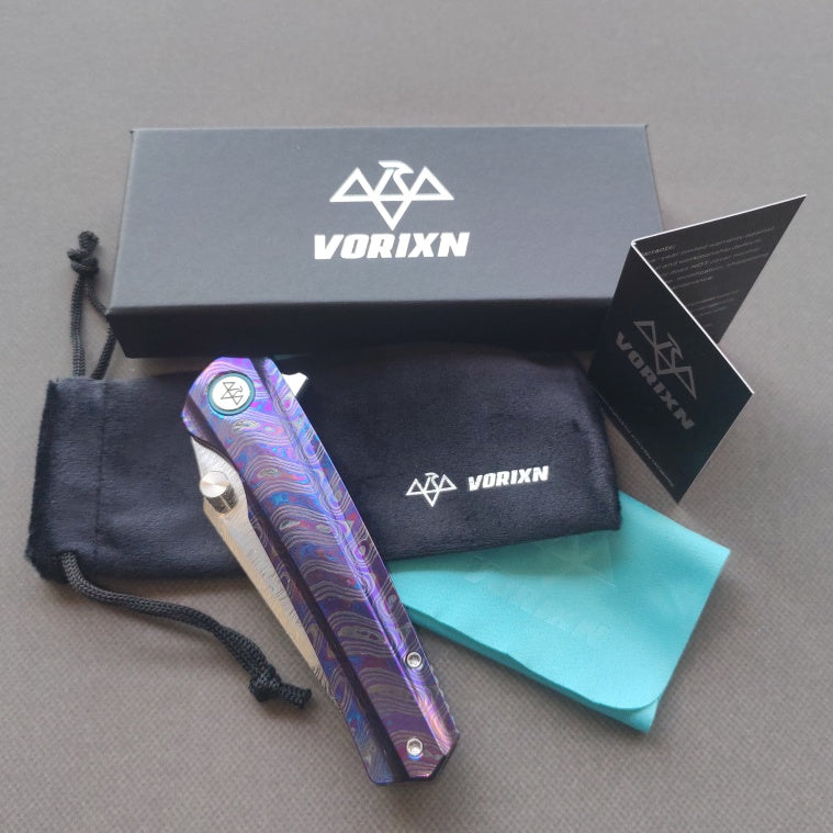VORIXN "Lumin" Flipper & Thumb Stud Knife Flamed-Zirconium Handle (3.6" Damascus Blade) KB065