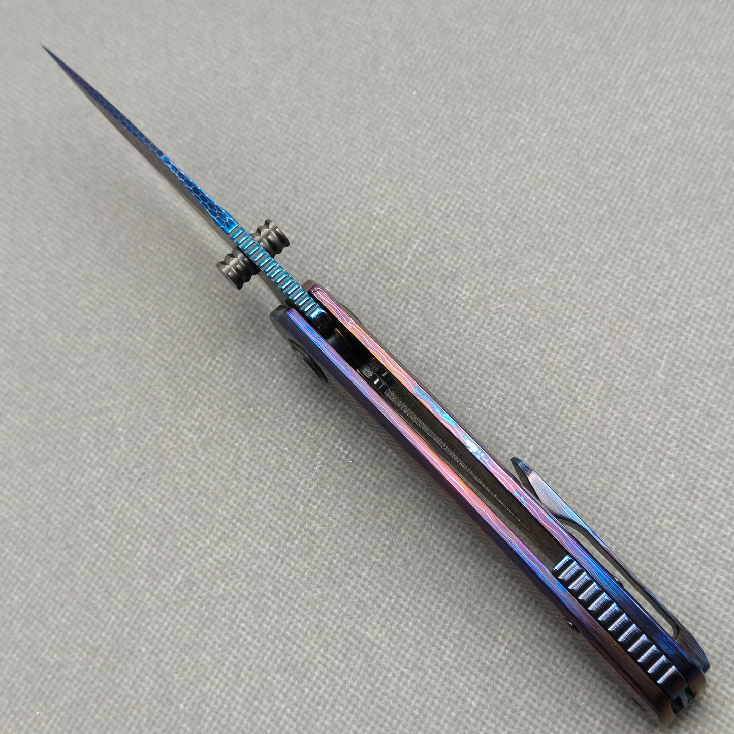 Vorixn "Celestial Current" Flipper & Thumb Stud Knife Hand-Flamed Zirconium Handle (3.8" Damascus Blade) KB099