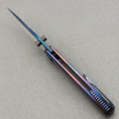 Vorixn "Celestial Current" Flipper & Thumb Stud Knife Hand-Flamed Zirconium Handle (3.8" Damascus Blade) KB099