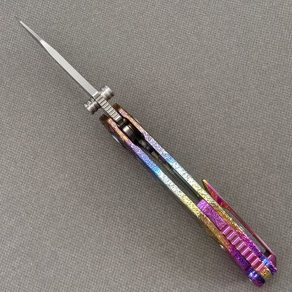 VORIXN "Prism" (3.5" Damascus Blade) Hand-Engraved & Anodized Titanium Handle Flipper & Thumb Stud Folding Knife - KB121