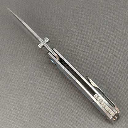 VORIXN "Ocean Mirage" Flipper & Thumb Stud Knife White Mother-of-Pearl Inlay Titanium Handle (3.7" Damascus Blade) KB109