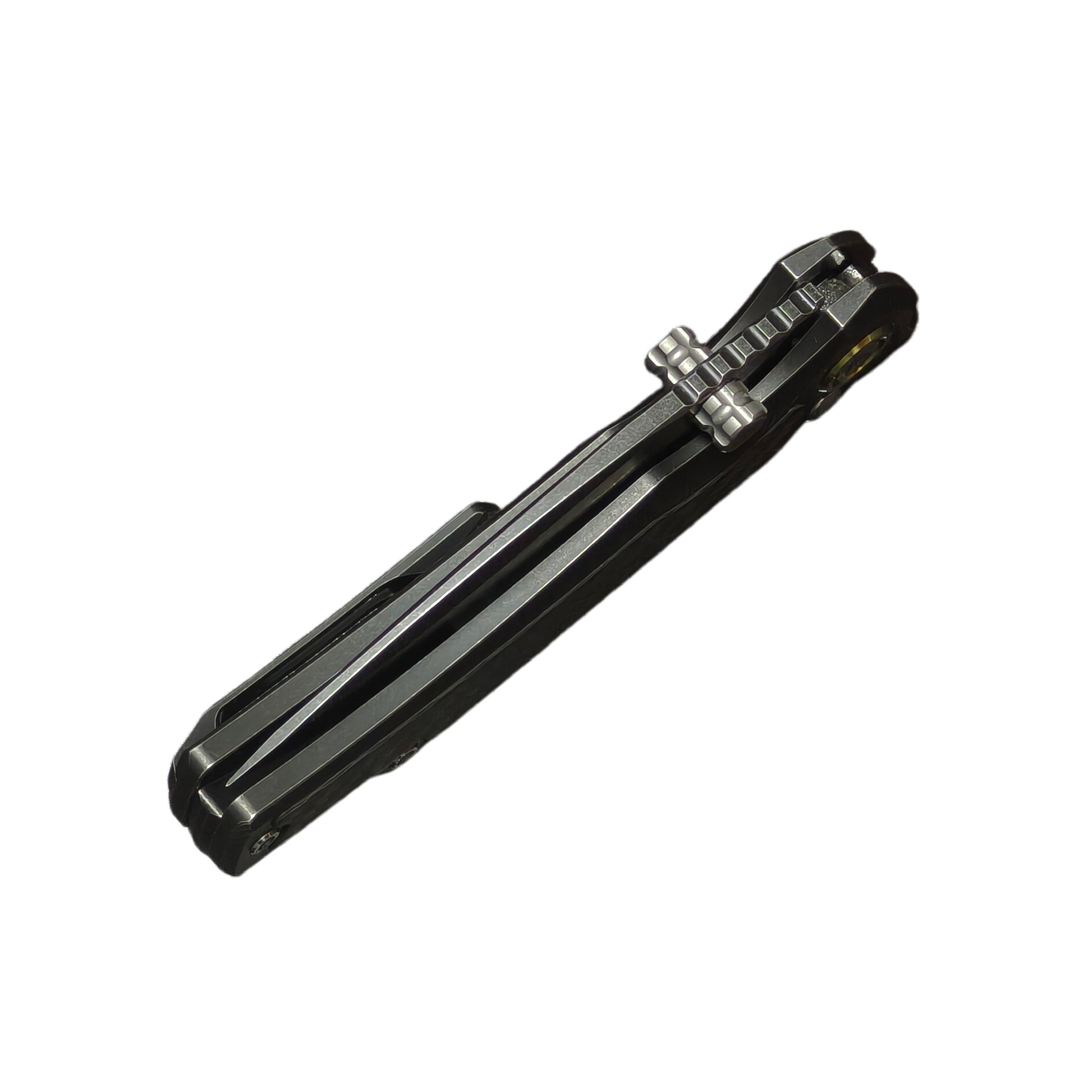 7. VORIXN KB077 folding knife closed angled view with blade spine on top black PVD titanium finish