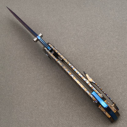 VORIXN "Chromaforge" (3.7" Damascus Blade) Hand-Flamed Titanium Handle Flipper & Thumb Stud Folding Knife - KB135