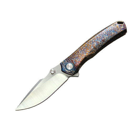 VORIXN AetherFlame VG10 folding knife open non-clip side 45 degree angle blade facing lower left