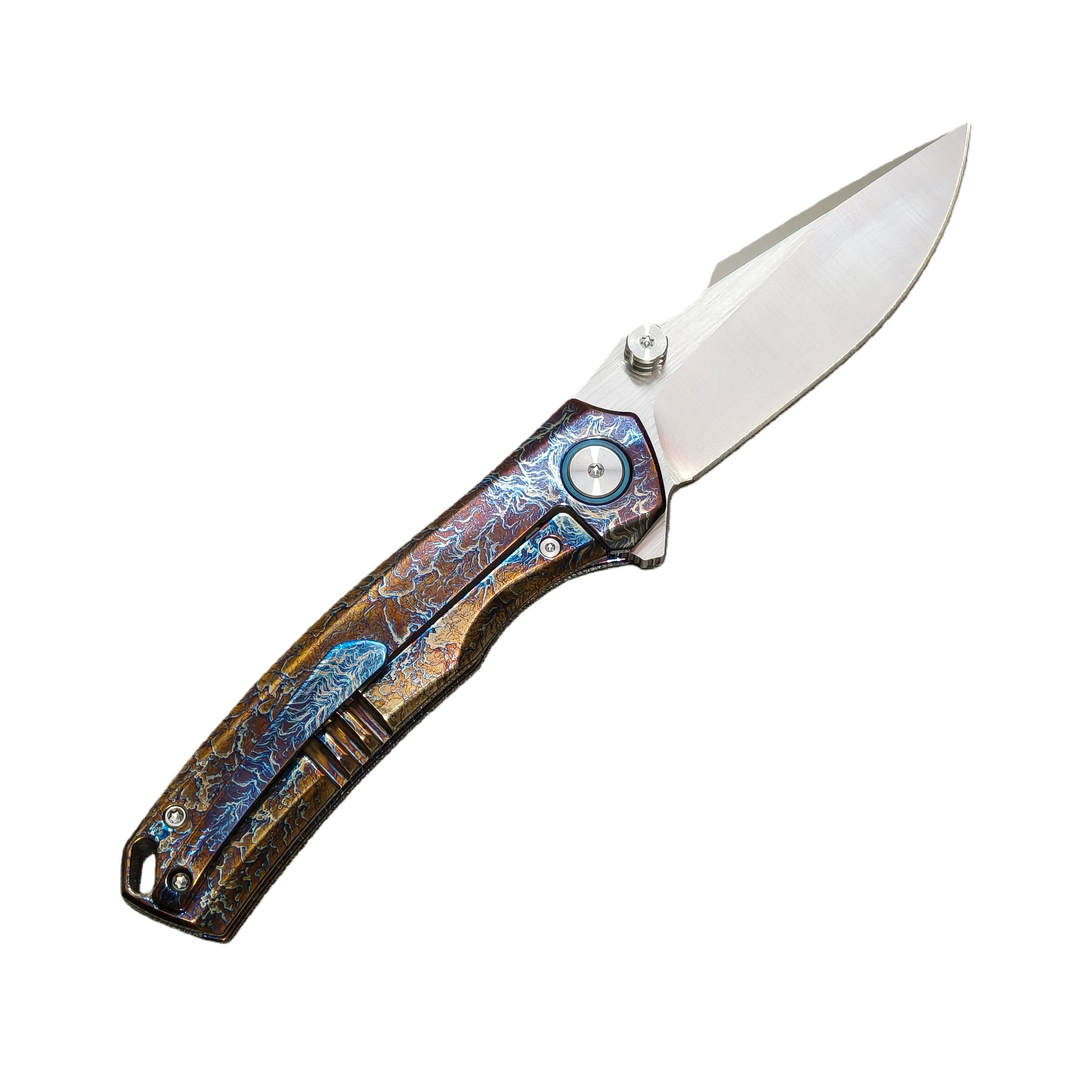 VORIXN AetherFlame titanium folding knife open clip side 45 degree angle blade facing upper right