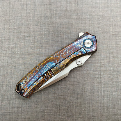 VORIXN "Aetherflame" Flipper & Thumb Stud Knife Titanium Hand-Flamed Handle (3.6" VG10 Blade) KB051