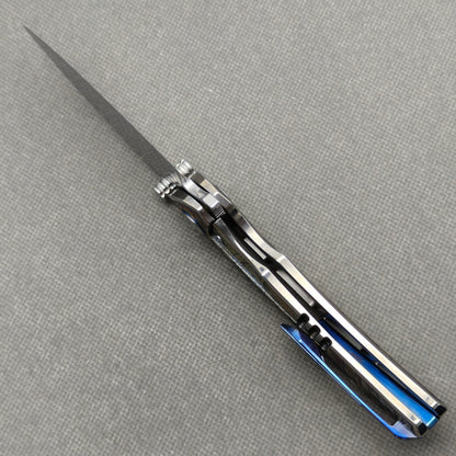 VORIXN "Requiem" (3.5" Damascus Blade) Engraved Titanium Handle Flipper & Thumb Stud Folding Knife - KB114