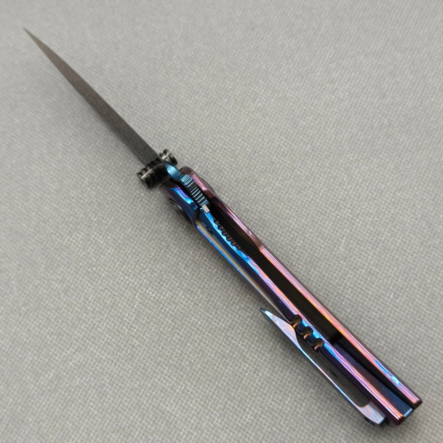 Vorixn "Celestial Current" Flipper & Thumb Stud Knife Hand-Flamed Zirconium Handle (3.8" Damascus Blade) KB099