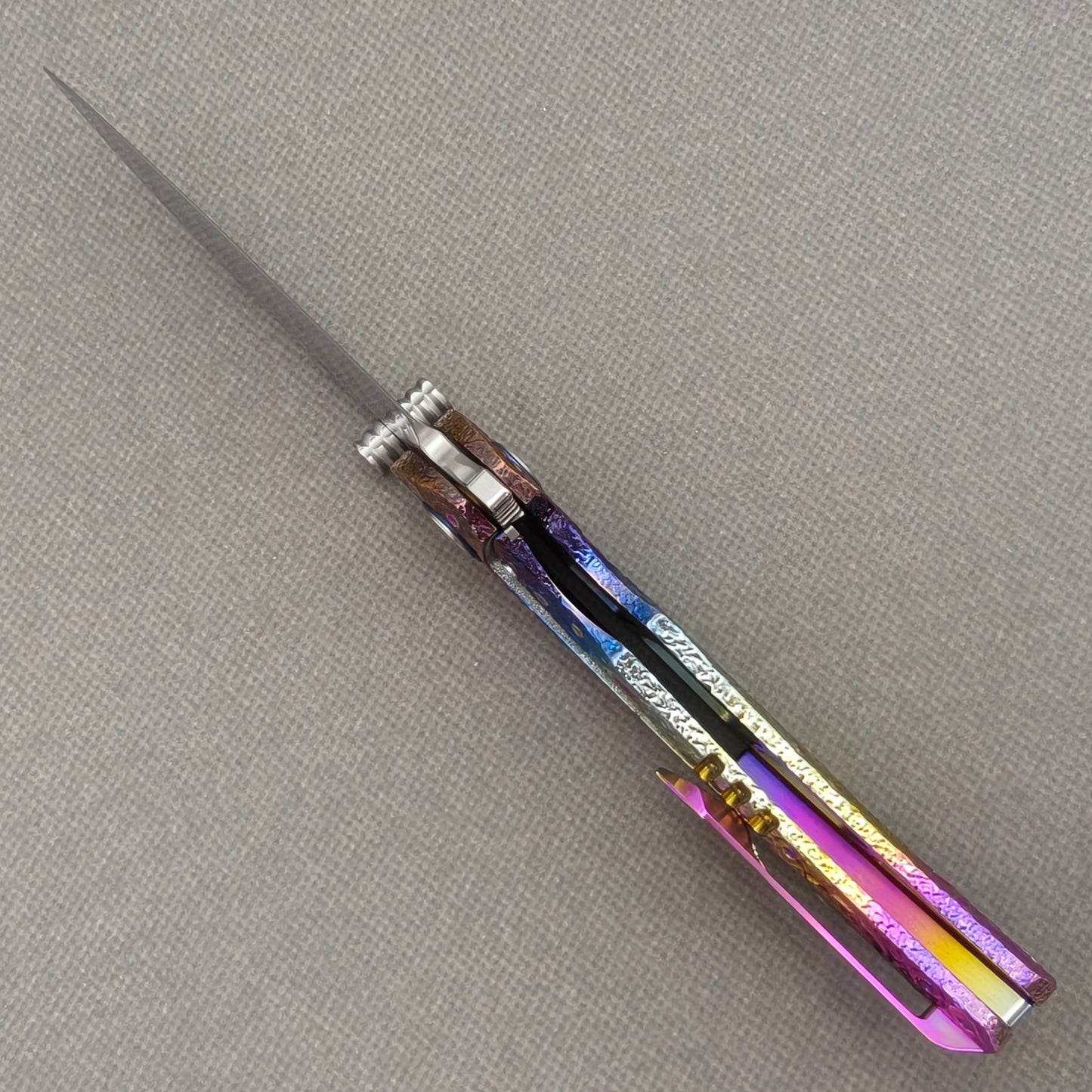 VORIXN "Prism" (3.5" Damascus Blade) Hand-Engraved & Anodized Titanium Handle Flipper & Thumb Stud Folding Knife - KB121