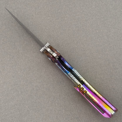 VORIXN "Prism" (3.5" Damascus Blade) Hand-Engraved & Anodized Titanium Handle Flipper & Thumb Stud Folding Knife - KB121