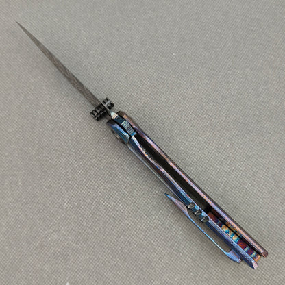Vorixn "Aurora Black" Flipper & Thumb Stud Knife Hand-Flamed Zirconium Handle (3.8" Feather Damascus Blade) KB112