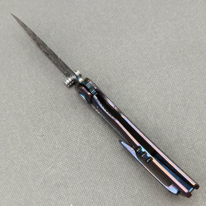 Vorixn "Aurora Bright" Flipper & Thumb Stud Knife Hand-Flamed Zirconium Handle (3.8" Feather Damascus Blade) KB110