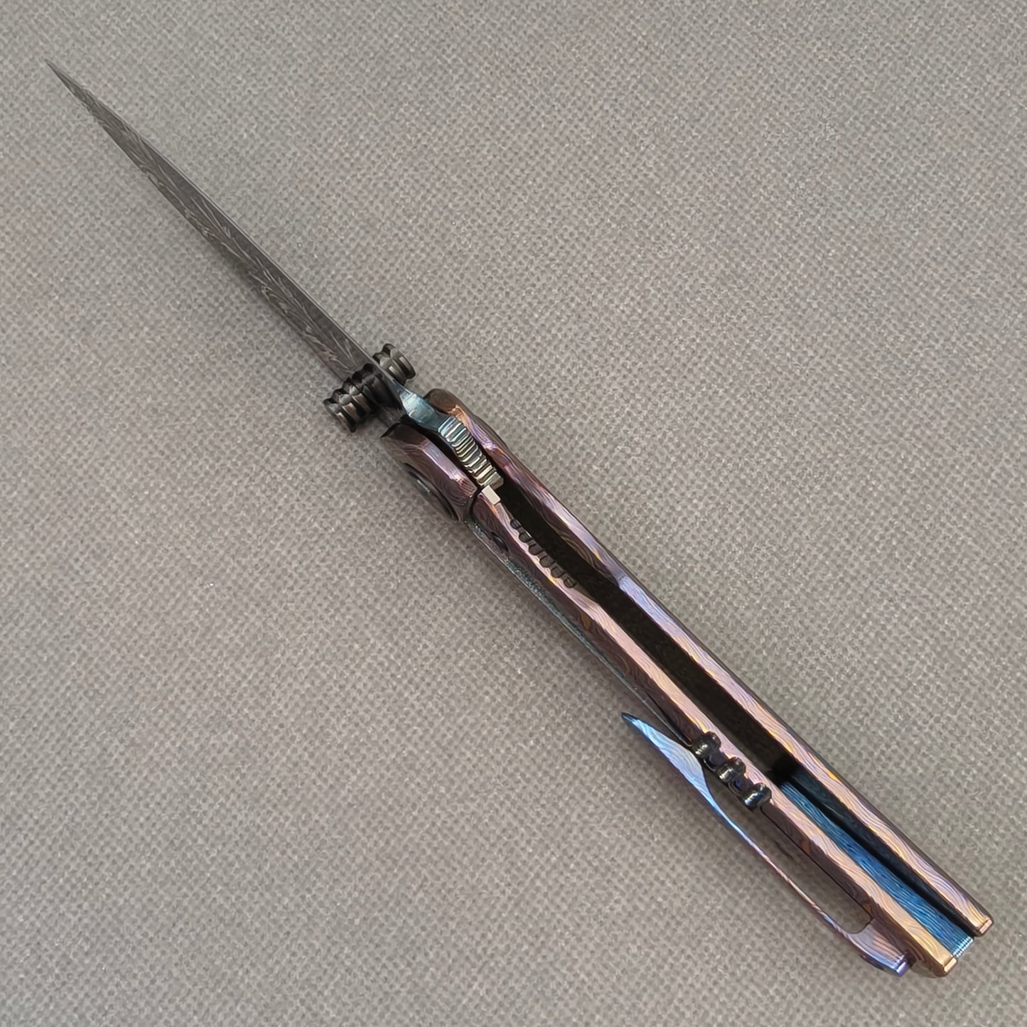 Vorixn "Aurora Black" Flipper & Thumb Stud Knife Hand-Flamed Zirconium Handle (3.8" Feather Damascus Blade) KB105