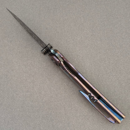 Vorixn "Aurora Black" Flipper & Thumb Stud Knife Hand-Flamed Zirconium Handle (3.8" Feather Damascus Blade) KB105