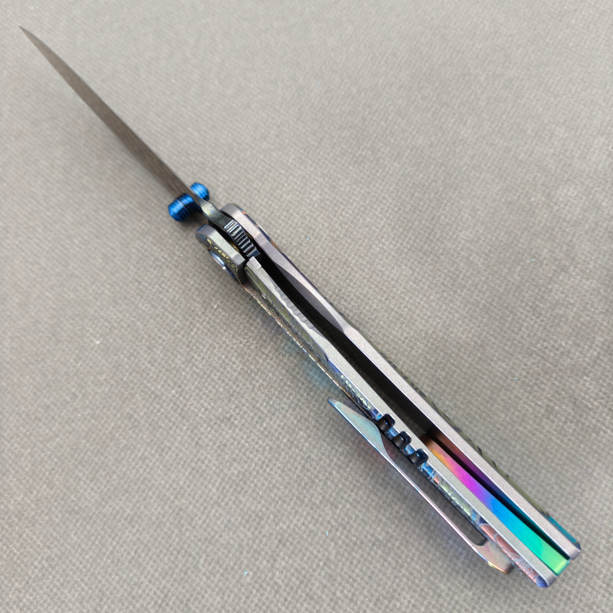 VORIXN "Tideprowler" (3.8" Damascus Blade)  Titanium Handle Flipper & Thumb Stud Folding Knife - KB155