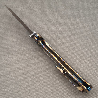 VORIXN "Chromaforge" (3.7" Damascus Blade) Hand-Flamed Titanium Handle Flipper & Thumb Stud Folding Knife - KB135