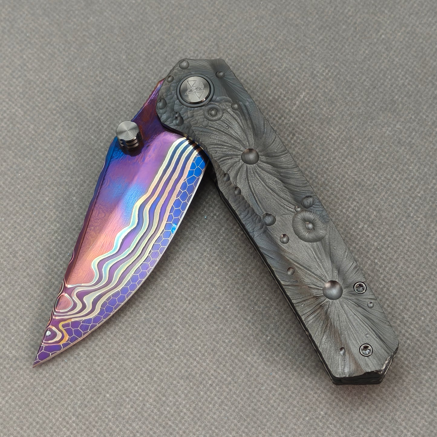 Vorixn "Impact Origin" Flipper & Thumb Stud Knife DLC-Coated Titanium-Engraved Anodized Handle (3.6" Damascus steel Blade) KB094