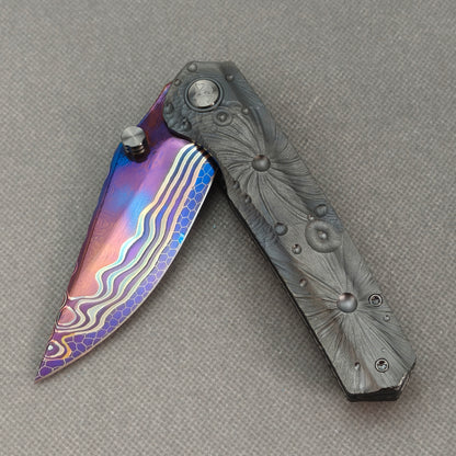 Vorixn "Impact Origin" Flipper & Thumb Stud Knife DLC-Coated Titanium-Engraved Anodized Handle (3.6" Damascus steel Blade) KB094