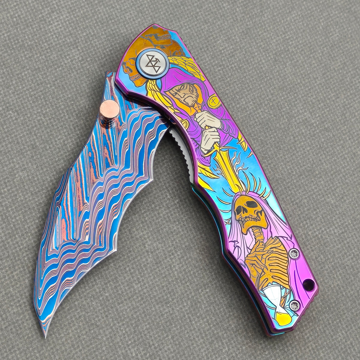 VORIXN "Fableweave" (3.8" Damascus Blade)  Titanium Handle Flipper & Thumb Stud Folding Knife - KB150