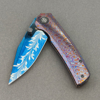 Vorixn "Aurora Black" Flipper & Thumb Stud Knife Hand-Flamed Zirconium Handle (3.8" Feather Damascus Blade) KB105