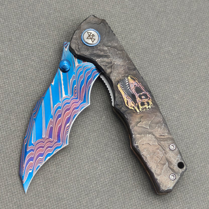 VORIXN Rexveil KB154 Folding Knife – partially open EDC view showing flipper, thumb stud, pivot, and titanium handle profile.