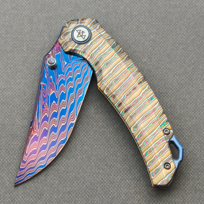 VORIXN "Chromaforge" (3.7" Damascus Blade) Hand-Flamed Titanium Handle Flipper & Thumb Stud Folding Knife - KB135