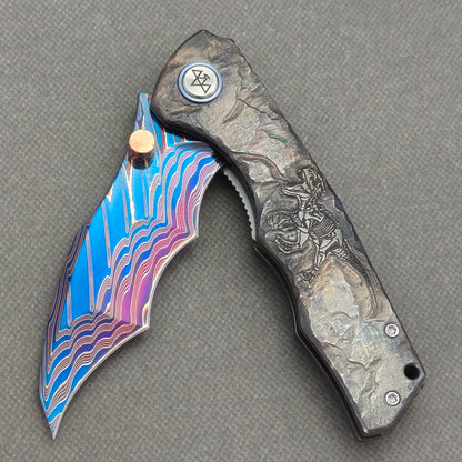 VORIXN "Fossilshade" (3.8" Damascus Blade)  Titanium Handle Flipper & Thumb Stud Folding Knife - KB153
