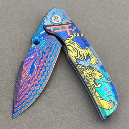 VORIXN "Tideprowler" (3.8" Damascus Blade)  Titanium Handle Flipper & Thumb Stud Folding Knife - KB155
