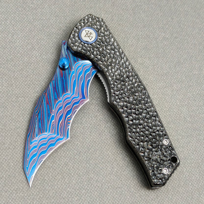 VORIXN "Cragline" (3.8" Damascus Blade)  Titanium Handle Flipper & Thumb Stud Folding Knife - KB151