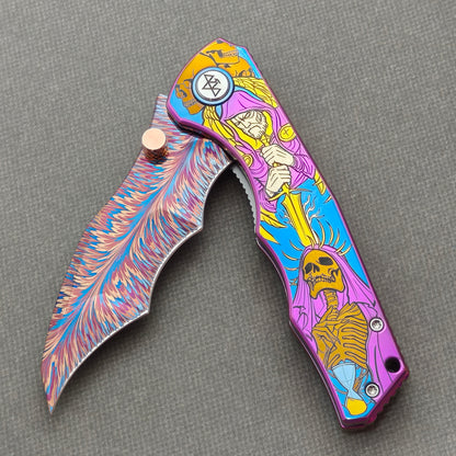VORIXN "Duskborne" (3.8" Damascus Blade)  Titanium Handle Flipper & Thumb Stud Folding Knife - KB145