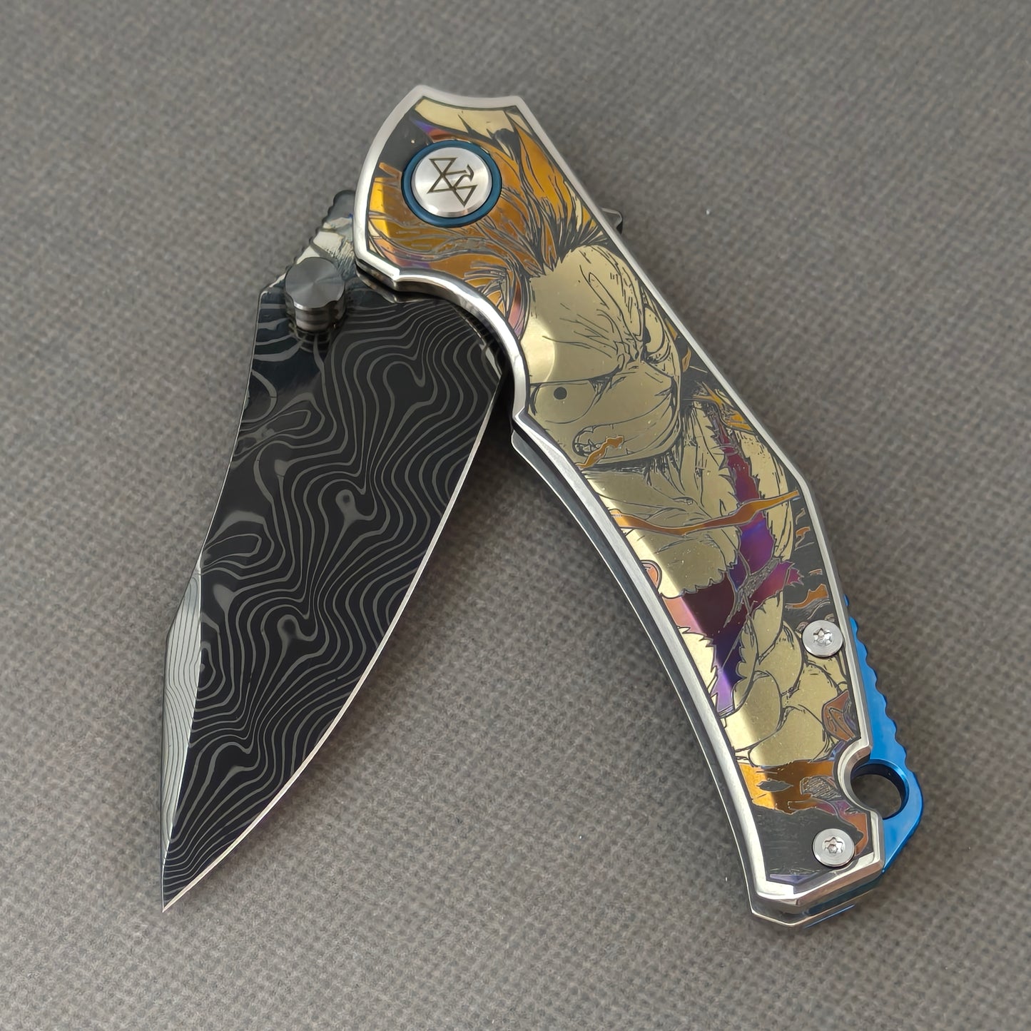 VORIXN "Valor" (3.5" Damascus DLC-Coated Blade) Engraved Titanium Handle Flipper & Thumb Stud Folding Knife - KB117