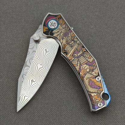 VORIXN "Mythos" (3.5" Damascus Blade) Engraved Titanium Handle Flipper & Thumb Stud Folding Knife - KB124
