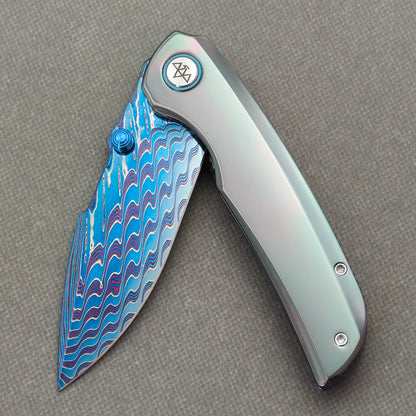 VORIXN "Chromatide" (3.7" Damascus Blade)  Zirconium Handle Flipper & Thumb Stud Folding Knife - KB140