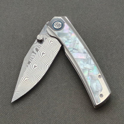 VORIXN "Ocean Mirage" Flipper & Thumb Stud Knife White Mother-of-pearl Inlaid Titanium Handle (3.8" Damascus Blade) KB084