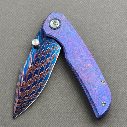 VORIXN "Rimeforge" (3.8" Damascus Blade)  Crystallized Titanium Handle Flipper & Thumb Stud Folding Knife - KB125
