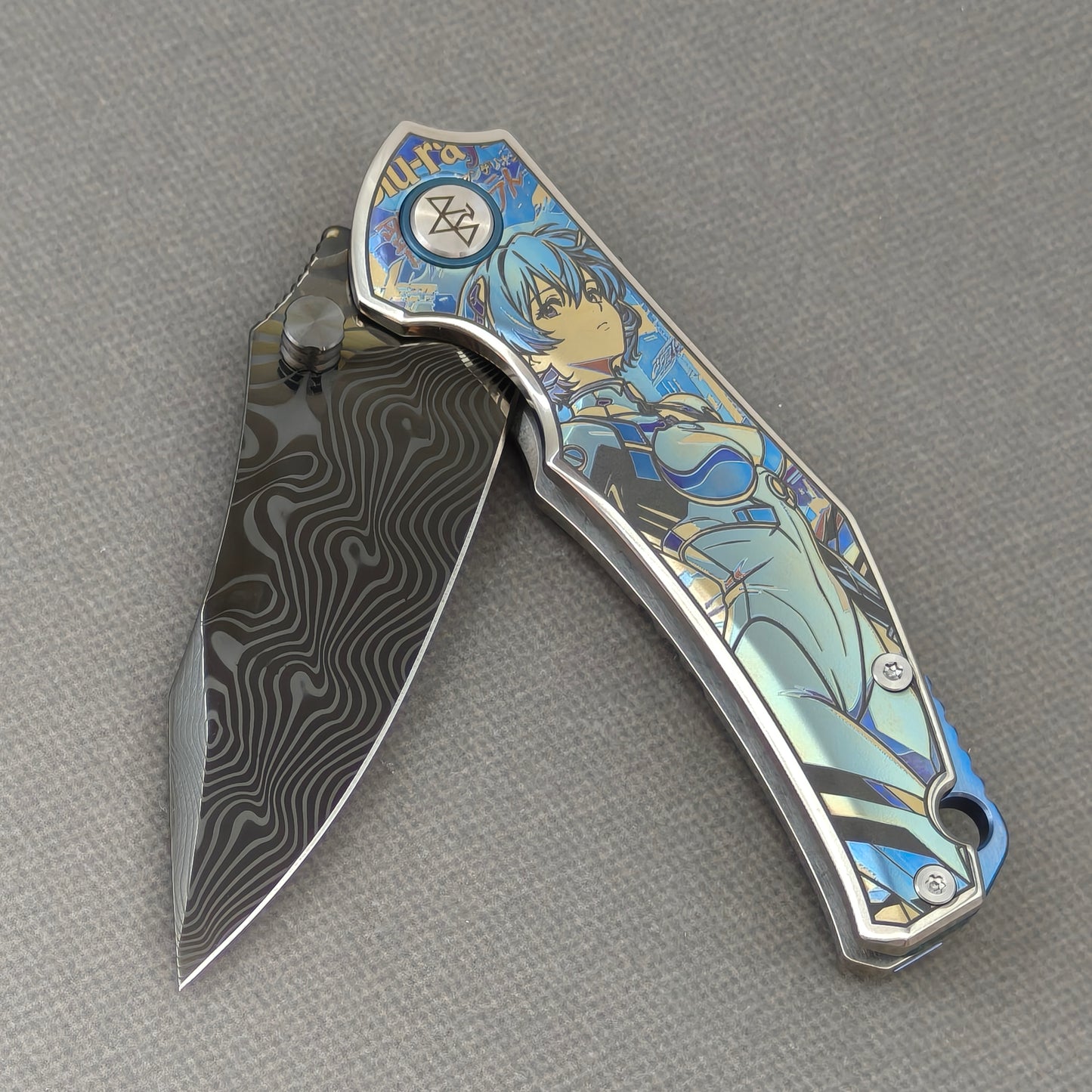 VORIXN "Reverie" (3.5" Damascus DLC-Coated Blade) Engraved Titanium Handle Flipper & Thumb Stud Folding Knife - KB116