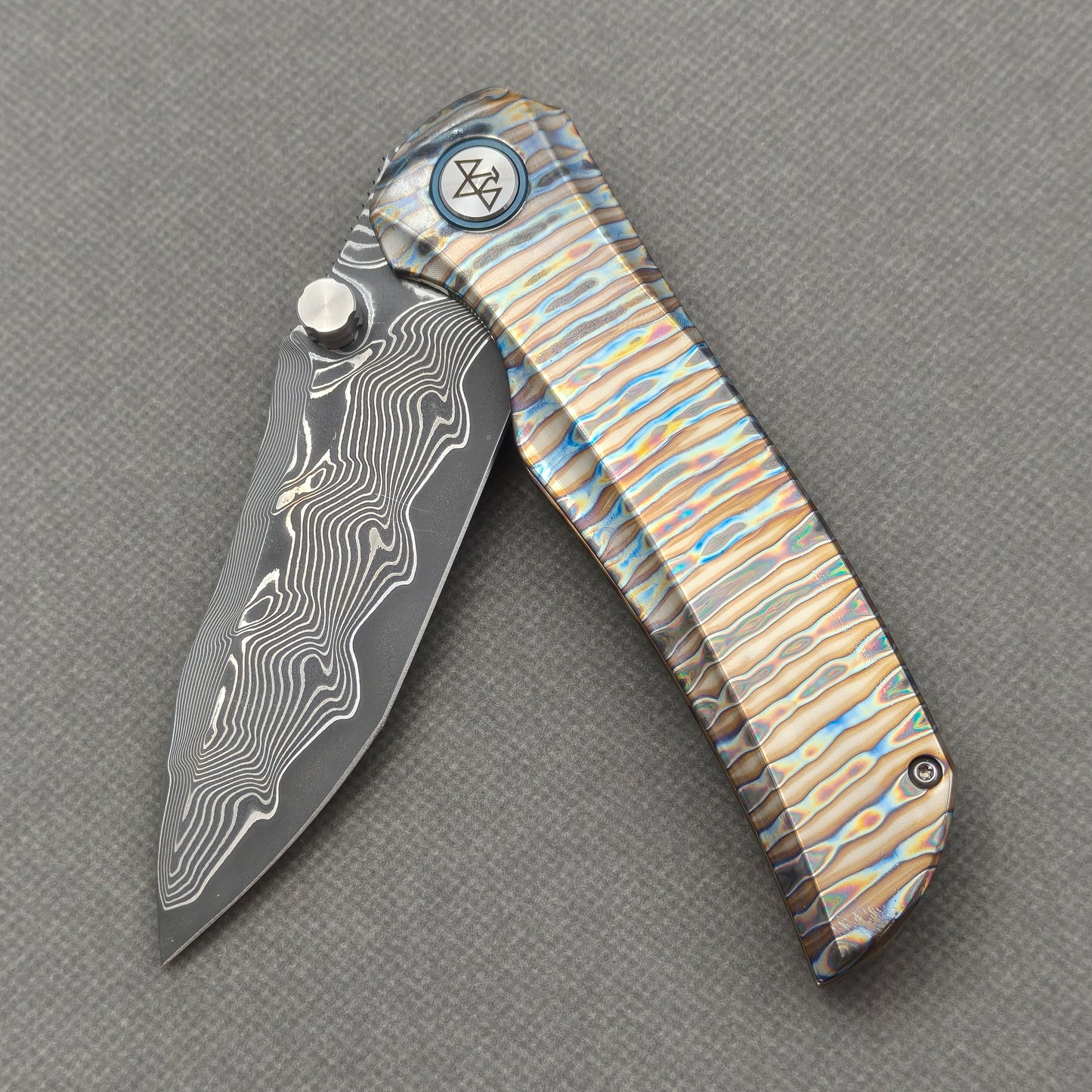 VORIXN "Flamecrest" (3.7" Damascus Blade) Hand-Flamed Titanium Handle Flipper & Thumb Stud Folding Knife - KB013