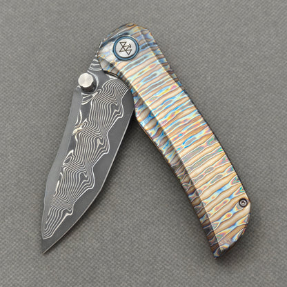 VORIXN "Flamecrest" (3.7" Damascus Blade) Hand-Flamed Titanium Handle Flipper & Thumb Stud Folding Knife - KB013