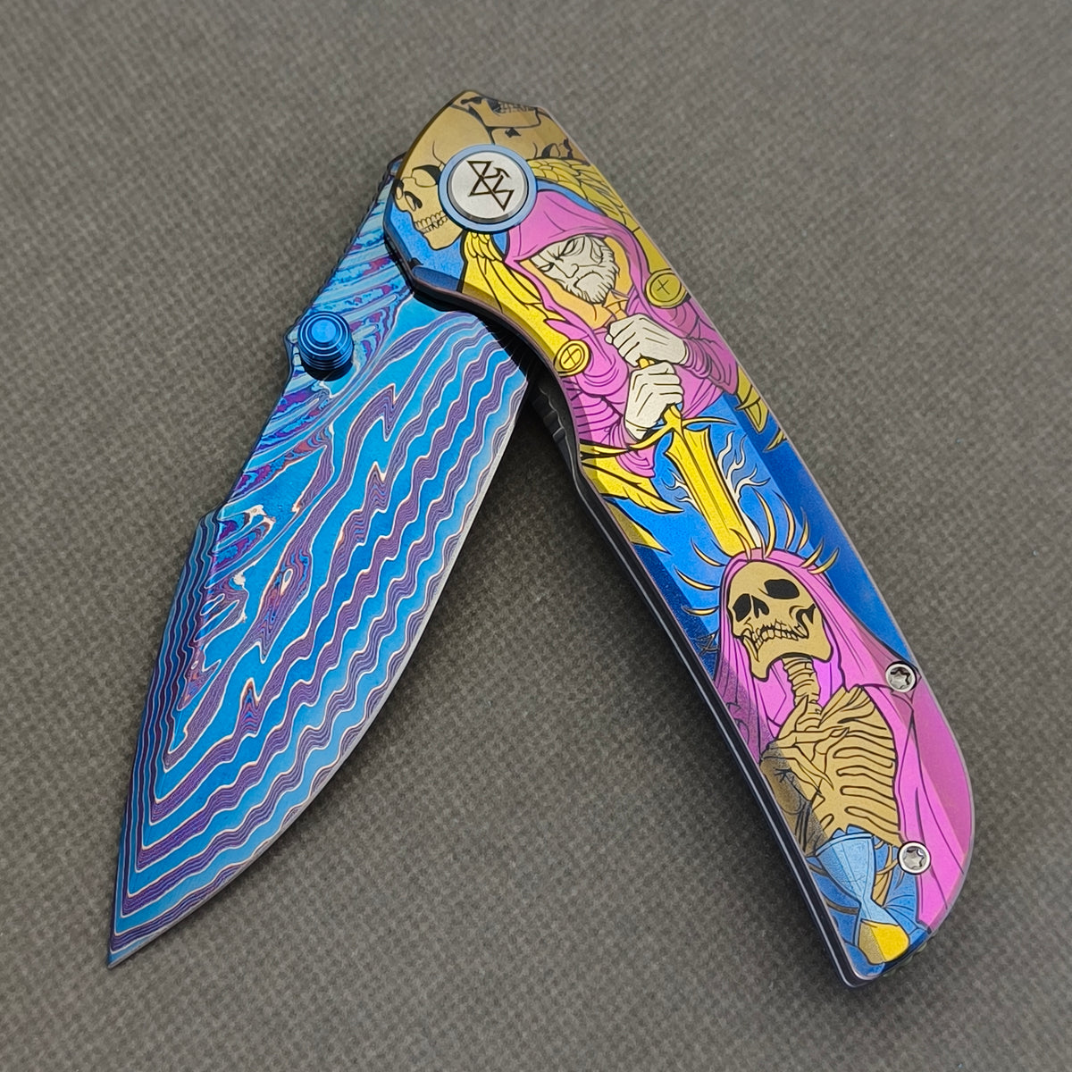 VORIXN "Echoshroud" (3.8" Damascus Blade)  Titanium Handle Flipper & Thumb Stud Folding Knife - KB156