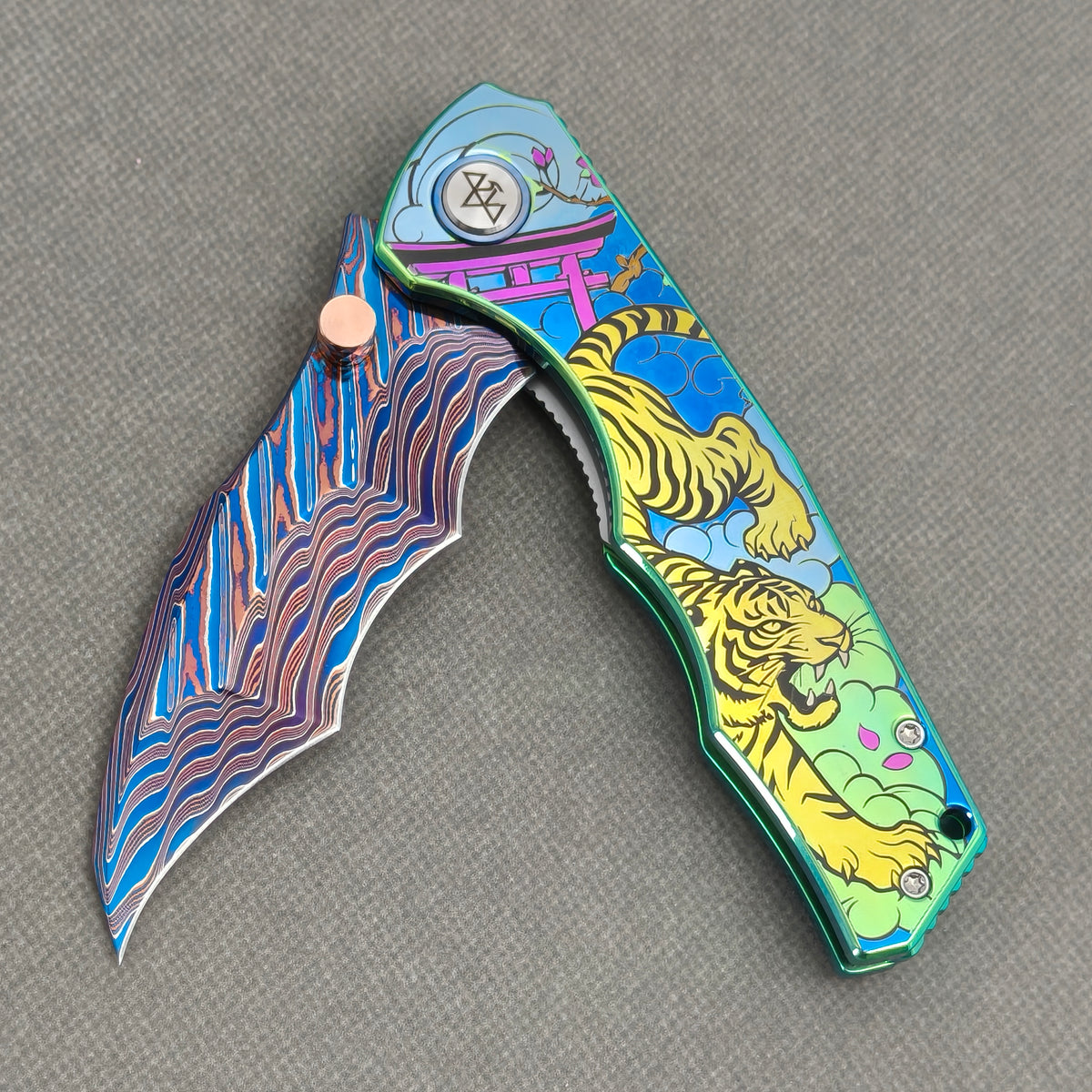 VORIXN "Tigerflow" (3.8" Damascus Blade)  Titanium Handle Flipper & Thumb Stud Folding Knife - KB149