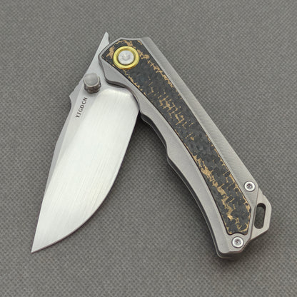 RIHE Design Folding Knife Titanium+Gold Flake Carbon Fiber Inlay Handle (3.6" M390 Blade) KB107