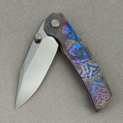 VORIXN "Skull Nocturne" (3.8" M390 Blade) Hand-Engraved & Anodized Titanium Handle Flipper & Thumb Stud Folding Knife - KB120