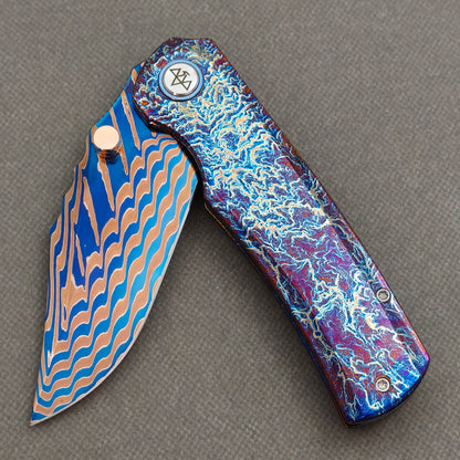 VORIXN "Stormweave" (3.7" Damascus Blade)  Titanium Handle Flipper & Thumb Stud Folding Knife - KB144