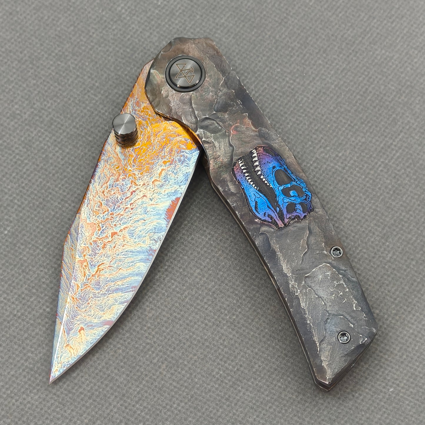 VORIXN "Skull Ember" (3.8" M390 Blade) Hand-Engraved & Anodized Titanium Handle Flipper & Thumb Stud Folding Knife - KB122
