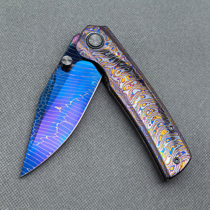 Vorixn "Celestial Vein" Flipper & Thumb Stud Knife Hand-Flamed Zirconium Handle (3.8" Damascus Blade) KB091