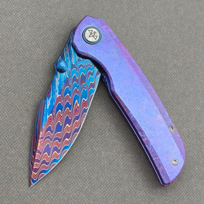 VORIXN "Rimewave" (3.8" Damascus Blade)  Crystallized Titanium Handle Flipper & Thumb Stud Folding Knife - KB141
