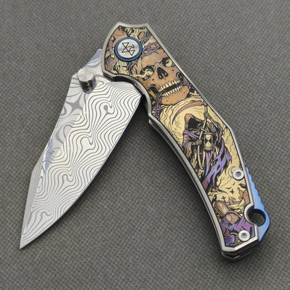 VORIXN "Requiem" (3.5" Damascus Blade) Engraved Titanium Handle Flipper & Thumb Stud Folding Knife - KB114